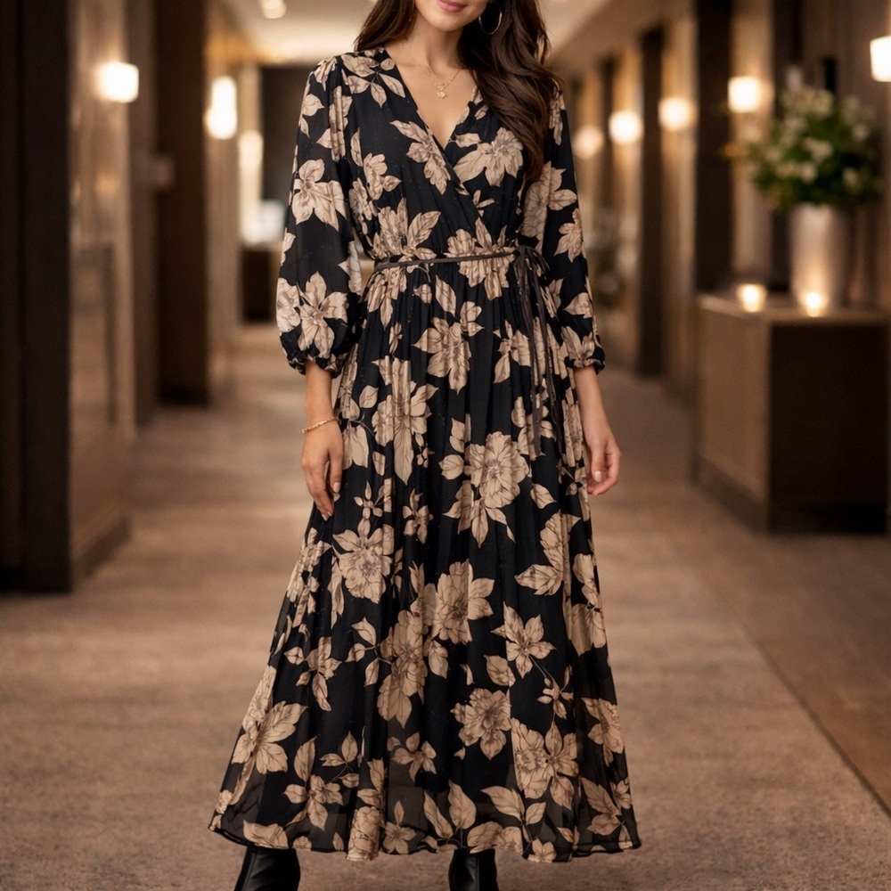 Taylor Black Floral Metallic Fleck Maxi Dress Size 10 Long Sleeve V-Neck NWT